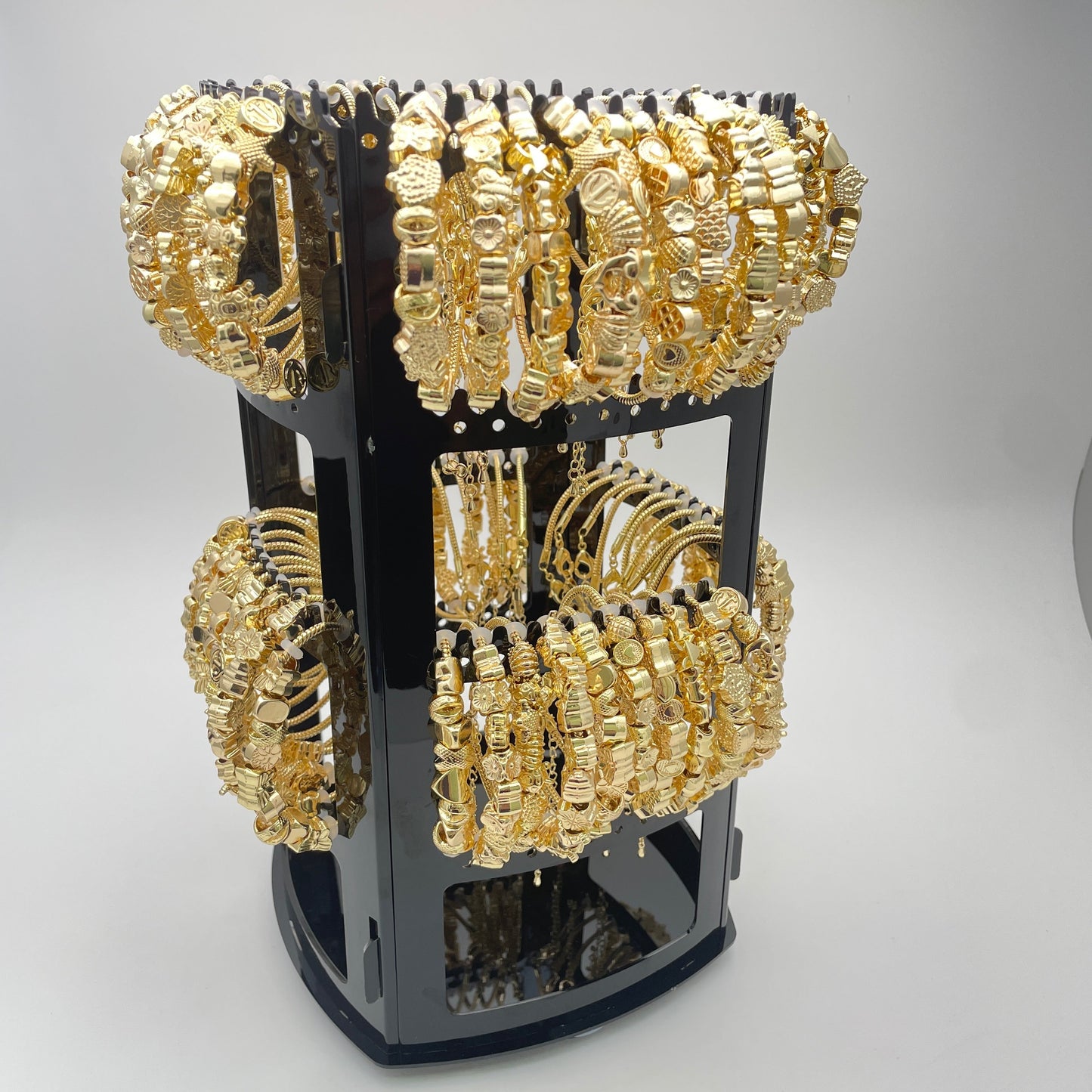 Rotating Display with 64 Assorted Slider Charm Bracelets in Gold Filled, Oro Laminado Bracelets, Free Display